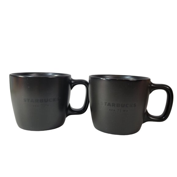 Starbucks SEA 71 WA Mug Set Black 12oz Spell Out Logo Square Handle Matte 2018 - Picture 1 of 8